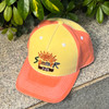 A colour changing baseball cap with a yellow and orange design, featuring an embroidered logo on the front.