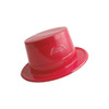 A shiny red PVC top hat with a decorative logo. It has a classic cylindrical shape and wide brim.