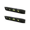A black magnetic torpedo level featuring two spirit vials and logos on either side.