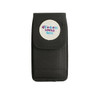 A black phone pouch with a belt clip and a circular logo featuring text.