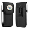 A black phone pouch with a belt clip and a circular badge featuring a logo.