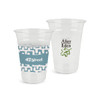 A clear plastic cup in two designs, featuring a logo and decorative patterns. Suitable for beverages.
