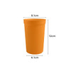 An orange 355ml plastic stadium cup with a cylindrical shape and a logo. Dimensions: 12cm height, 8.1cm diameter.