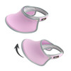 A pink 360° swivel sun visor hat with a grey trim and an adjustable strap, featuring a logo.