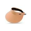 A wide brim sun visor hat in a peach colour with a black logo detail.