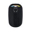 A black outdoor waterproof Bluetooth speaker with control buttons and LED light features.