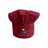 A maroon adult chef hat with a gathered top and a logo embroidered on the front.