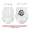A glass cup shaped like an egg, clear with a branding logo, featuring laser engraving and decal print options.