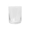 A clear glass whiskey glass with a smooth, cylindrical shape and a subtly thick base.
