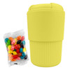 A drink bottle in bright yellow silicone, accompanied by a packet of colourful jelly beans. Features a logo on the side.