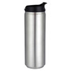 A drink bottle in metallic silver with a black lid and a logo on the body.