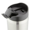 A drink bottle with a stainless steel body and a black lid featuring a flip-top spout.