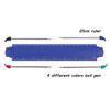 A 20cm blue ruler accompanied by four ball pens in green, red, black, and blue. The ruler has measurement markings.
