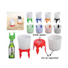 A drink bottle holder featuring a plastic cup in various colours, including red, black, green, blue, and orange, with a bottle opener.