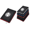 A stack of notebooks in black, blue, and red, featuring a branded logo on the cover.