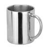 A drink bottle in stainless steel with a simple cylindrical shape and a sturdy handle. It includes branding.