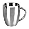 A drink bottle featuring a sleek stainless steel design with a curved body and a handle. It has a logo on it.