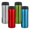 Four travel mugs in stainless steel, red, green, and blue, each featuring a black lid and a logo.