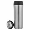 A stainless steel travel mug with a black lid, featuring a sleek design and an attached base.