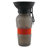 A drink bottle with a black funnel top, grey body, and an orange silicone band, featuring a logo.