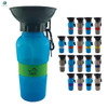 A drink bottle in blue with a green silicone band, featuring a black lid and a logo. Various colour options displayed.