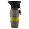A drink bottle in grey with a yellow silicone band and a black funnel attachment, featuring a carabiner clip.