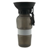 A drink bottle in grey with a black funnel and a silicone band, featuring a carabiner attachment.