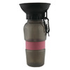 A drink bottle in grey with a black funnel and a pink silicone band, featuring a carabiner and a logo.