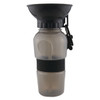 A drink bottle with a black silicone band and a funnel-shaped top, featuring a clip and a semi-transparent body.