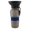A drink bottle with a grey body, black top, and blue silicone band, featuring a carabiner clip.
