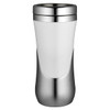 A travel mug with a sleek design, featuring a white body and silver stainless steel accents. It has a logo.