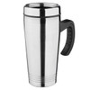 A travel mug with a shiny silver stainless steel body and a black handle, featuring a simple design.