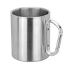 A stainless steel coffee mug with a silver carabiner-style handle and a polished finish.