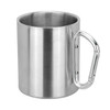 A stainless steel coffee mug with a silver finish and a carabiner-style handle. Includes a branding logo.