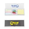 A set of sticky notes in pastel shades and paper clips housed in a plastic case with a branding logo.