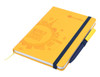 A yellow A5 notebook with a debossed design, featuring an elastic closure and a pen attached.