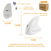 An ergonomic wireless mouse in white, featuring speed control buttons and a USB receiver, included in a standard box.
