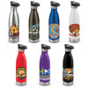 A drink bottle collection featuring various designs in silver, blue, red, purple, and black, with push-button lids.