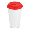 A double wall coffee cup in white with a red silicone lid, featuring a logo.