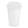A white double wall coffee cup with a secure lid and a logo on the side.