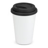 A ceramic double wall coffee cup in white with a black silicone lid. It features a branding logo on the lid.