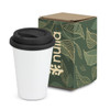 A double wall coffee cup in white with a black lid, alongside a patterned cardboard box featuring leaf designs.
