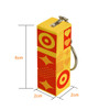 A yellow and red custom square cube with keyrings, featuring geometric patterns and a metal attachment. Dimensions are 6cm x 2cm x 2cm.