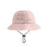 A foldable bucket hat in a light pink colour with a drawstring for adjustment. Includes a logo on the side.