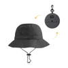 A foldable bucket hat in dark grey, featuring a logo and a toggle chin strap for adjustable fit.