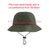 A foldable bucket hat in olive green with a drawstring, featuring a logo. Suitable for adult head sizes 56-58 cm.
