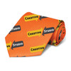 A tie featuring a vibrant orange design with contrasting black and yellow text. It has a branding logo on it.