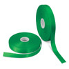Two rolls of bright green personalised ribbon, one partially unrolled, showcasing its glossy finish.
