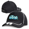 A black cap with a decorative logo and white accent stripes on the brim, featuring an adjustable strap at the back.