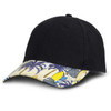 A black cap with a vibrant patterned peak featuring palm trees and pineapples, including a logo on the side.